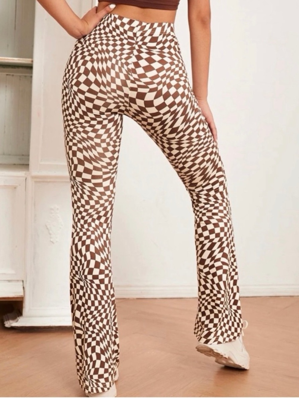 High-Rise Brown & Cream Optical-Print Flare Pants - Picture 2 of 4